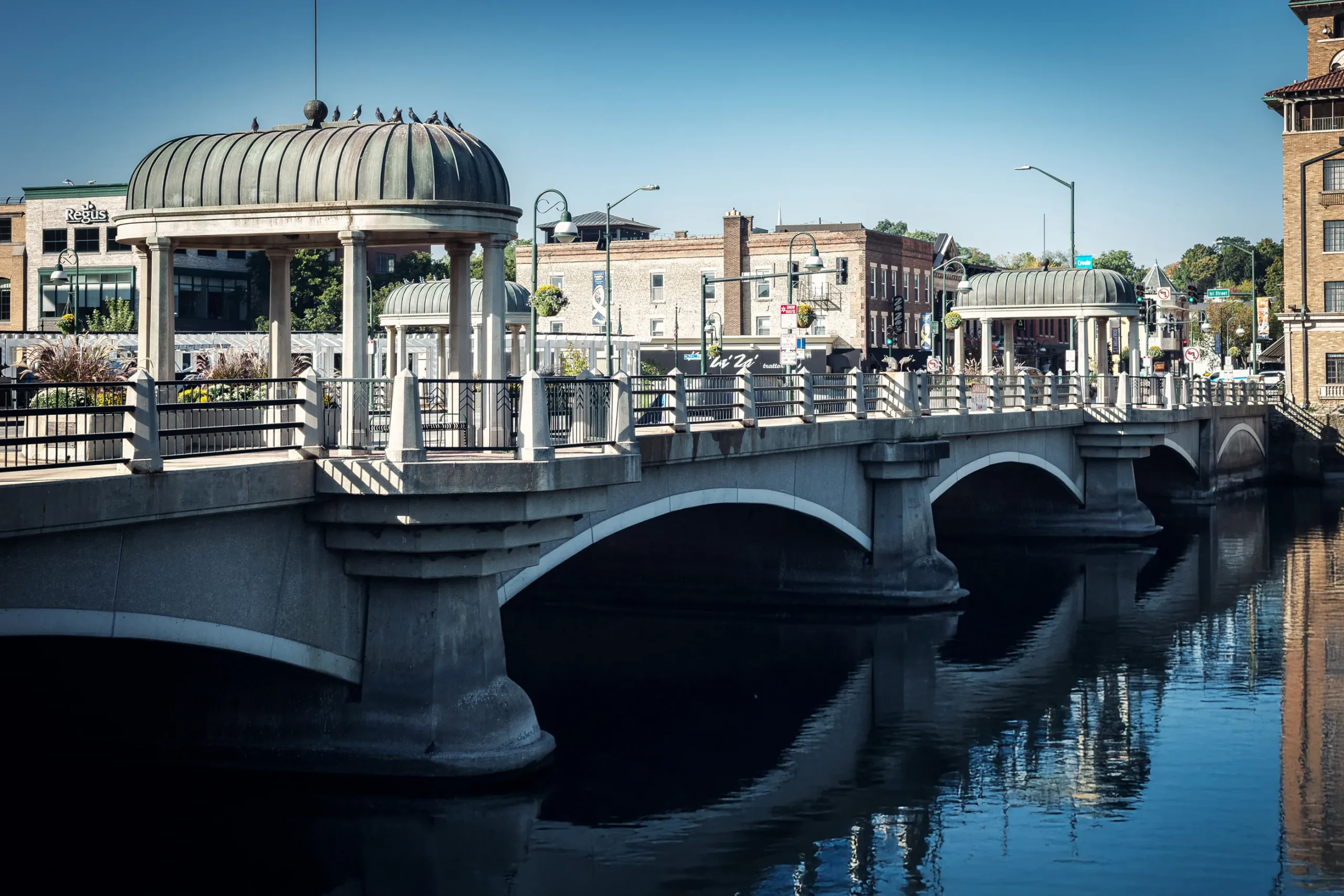 Bridge with domed pavilions over the Fox River in downtown St. Charles